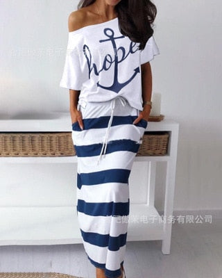 2 piese set women Lounge Wear Hope Boat Anchor Print Off Shoulder T-Shirt Top And Regular Striped Skirt Sets Summer Two Piece