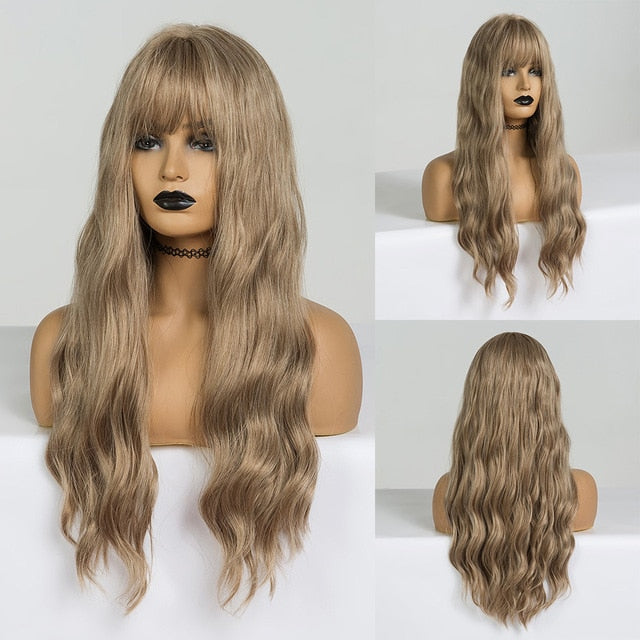 EASIHAIR Long Dark Brown Women's Wigs with Bangs Water Wave Heat Resistant Synthetic Wigs for Black Women African American Hair