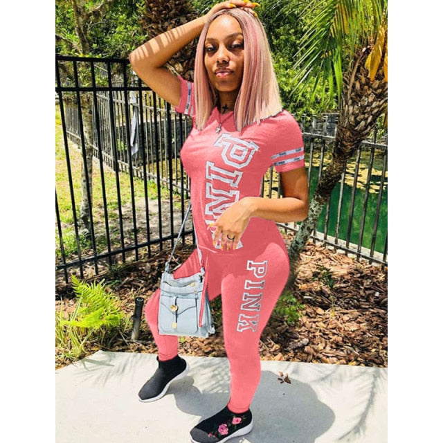 Womens Set Tracksuit Pullover Pink Letters Print Tshirts Tops Push Up Long Pants Summer 2 Piece Set Outfits Jogger Lounge Wear