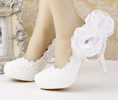 BaoYaFang white flower Women wedding shoes Bride Party dress shoes woman High heel platform shoes ladies handmade Lace shoe