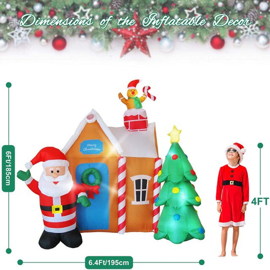 6 Ft Christmas Inflatable Santa's House with Christmas Tree & Gingerbread Man LED Blow Up Yard Decorations Christmas Party Toys