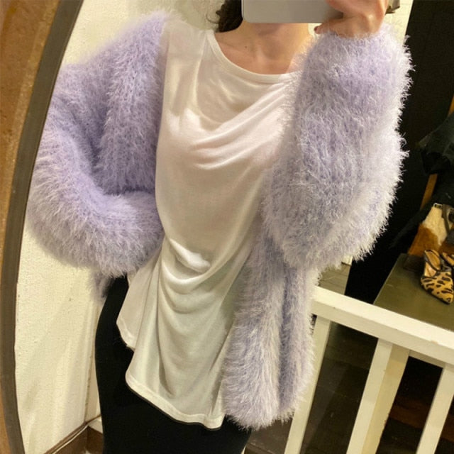 Luxury V-Neck Mink Cashmere Knit Cardigan Mohair Crocheted Sweater Coat Faux Fur Furry Jacket Velvet Lantern Sleeve Tops Sueter