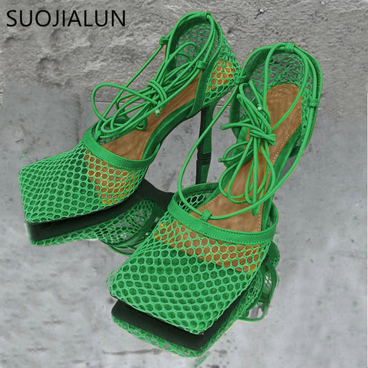 SUOJIALUN New Brand Women Sandals Green Mesh Pumps Shoes Ladies Thin High Heel Lace Up Cross-tied Dress Rome Sandal Big Size 42