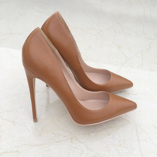 Tikicup Solid Khaki Brown Matte Women Pointed Toe Stiletto High Heels Slip On OL Dress Shoes Elegant Ladies Formal Pumps