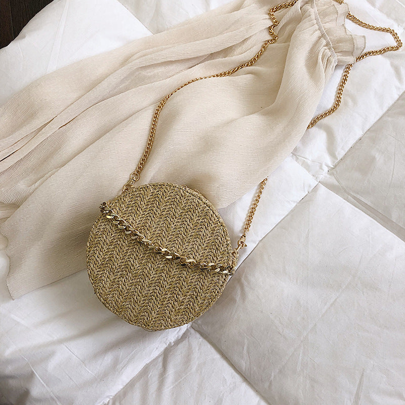 Women's round chain straw bag