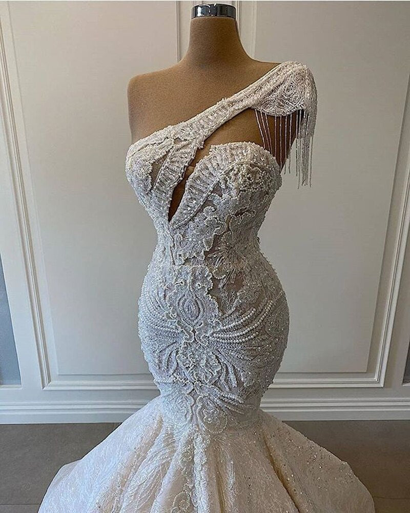 One Shoulder Mermaid Wedding Dresses Beaded Crystal Lace Applique Tassel Bridal Gown for Wedding Party vestidos de novia