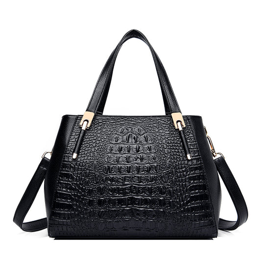 High-End Leather Solid Color Crocodile Pattern Handbag Lady