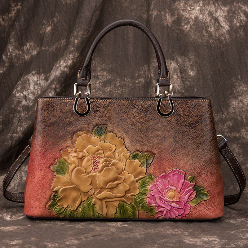 Peony Embossed Leather Bag For Ladies With Large Capacity