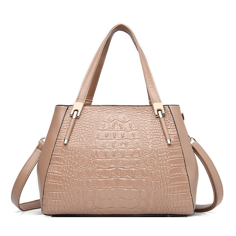 High-End Leather Solid Color Crocodile Pattern Handbag Lady