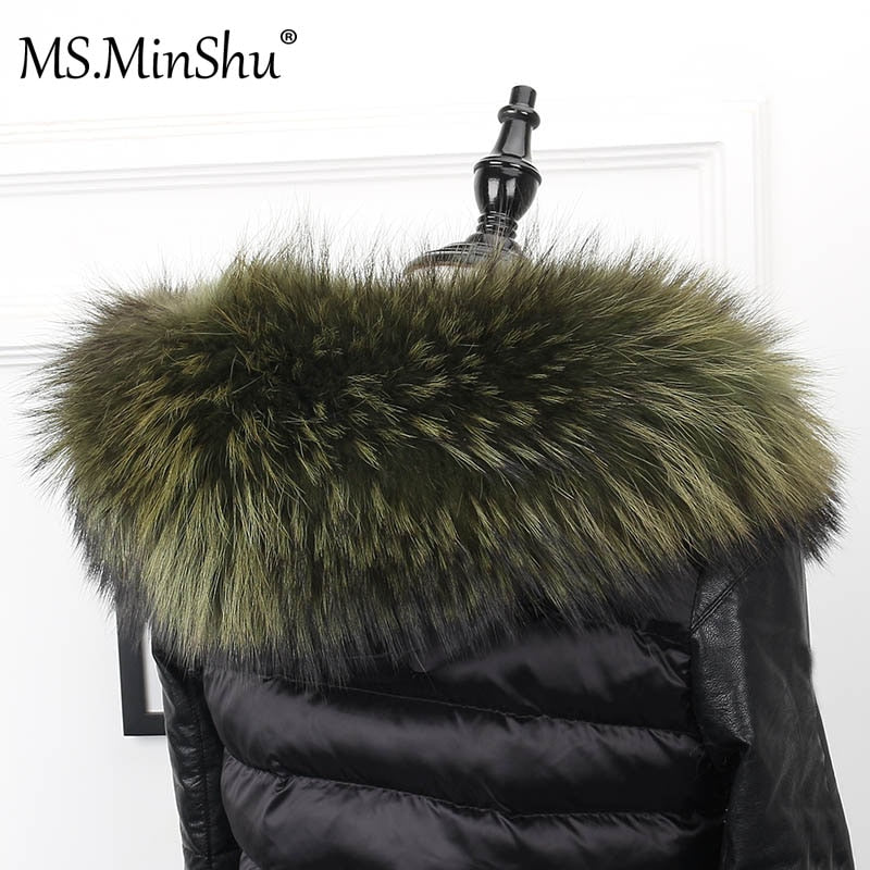MS.MinShu Big Fur Collar Genuine Raccoon Fur Hood Trim Scarf Black Color Parka Coat Fur Collar Scarf Custom Made