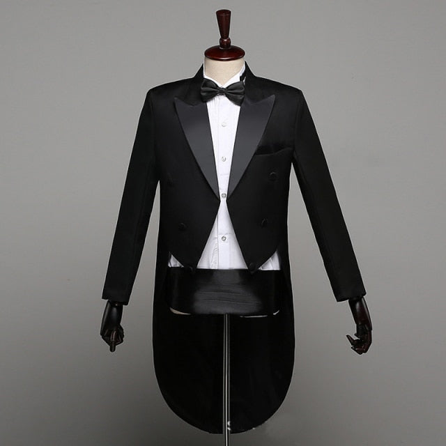 Tuxedo Dress XS-XL Men Classic Black Shiny Lapel Tail Coat Tuxedo Wedding Groom Stage Singer 2-Piece Suits Dress Coat Tails