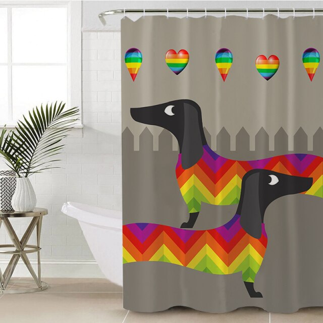 BeddingOutlet Dachshund Shower Curtain Cartoon Dog Polyester Waterproof Curtain With Hooks Geometric Striped Kids Bath Curtain