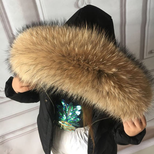 100% Real Fur Collar For Parkas Coats luxury Warm Natural Raccoon Scarf Women Large Fur Scarves Male Down jacket fur hat 75 70cm