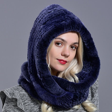 Rabbit fur hood Volume hats for women winter warm novelty knitted fur scarf hat stylish fashionable genuine large female fur hat