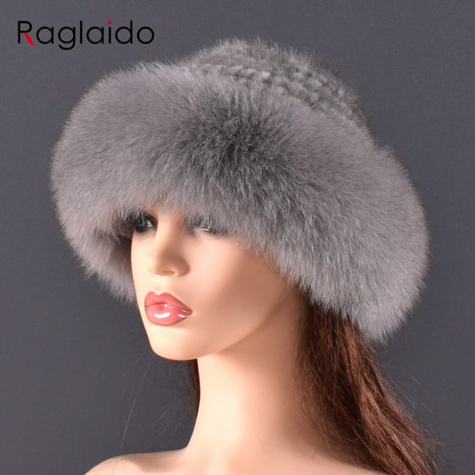 women Real mink Fur Bomber Hats winter Genuine Fox fur Cap Luxurious Quality Winter hat Elastic Warm Soft Fluffy natural fur hat