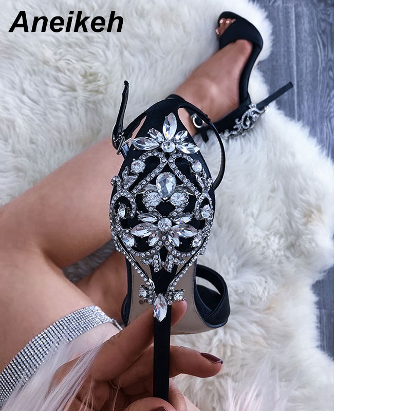 Aneikeh Rhinestone Stiletto Lady Sexy Crystal Thin Heels Sandal Woman Ankle Strap Wedding Dress Shoes Pumps Size 35-42 Black