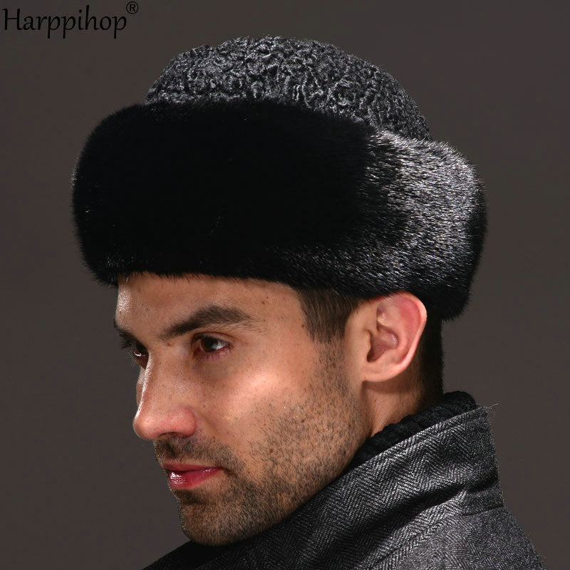 Real genuine mink with wool hat winter Russian men's warm caps whole piece mink sheep fur hats