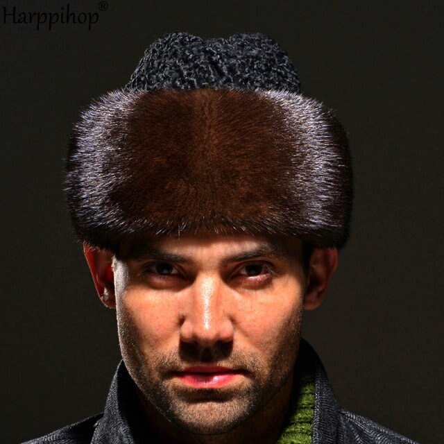Real genuine mink with wool hat winter Russian men's warm caps whole piece mink sheep fur hats