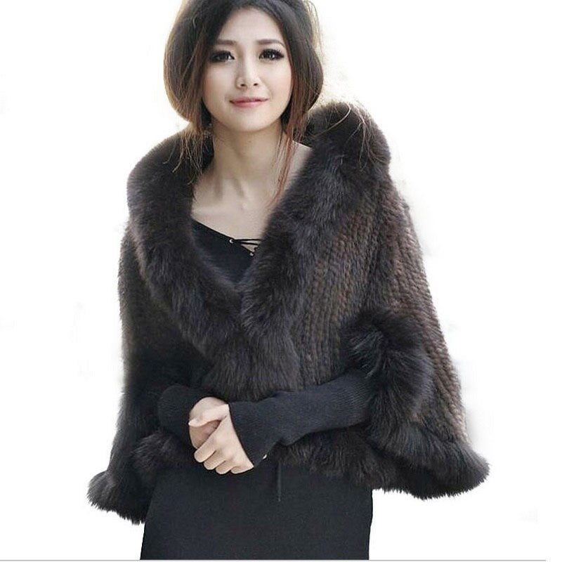 HARPPIHOP New Genuine Knit Mink Fur Shawl Poncho With Fox Trimming Real Mink Fur Jacket Fashion Women 2016 Style Mink Fur Coat