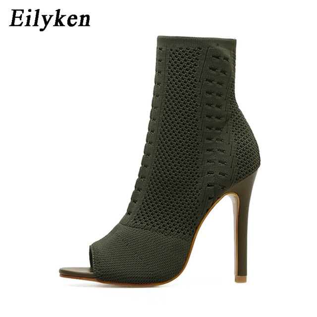 Eilyken Beige Green Ladies Open Toe Short Boots Elastic Boots Small Hole Hollow Out Breathable Dress Women Boots Pumps