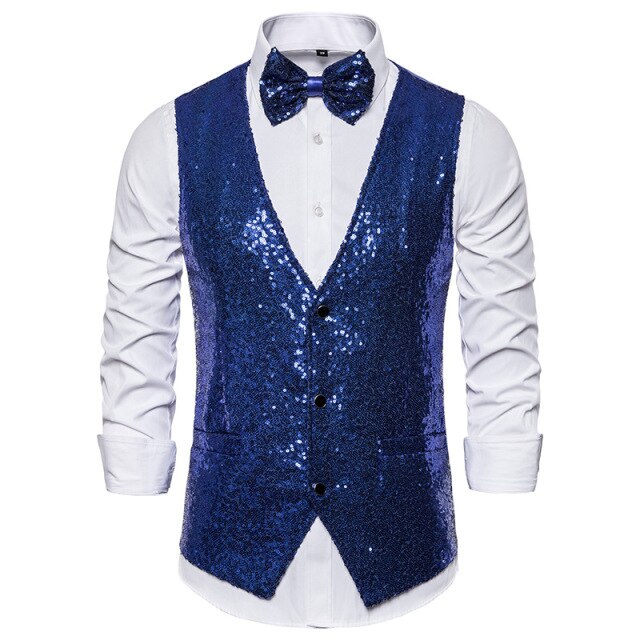Shiny Royal Blue Sequin Dress Vests Men Slim Fit V Neck Glitter Tuxedo Waistcoat Mens Wedding Party Stage Prom Vest with Bowtie