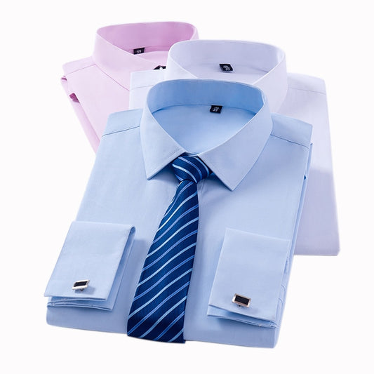 Men's Classic French Cuff Dress Shirts Long Sleeve No Pocket Tuxedo Male Shirt with Cufflinks