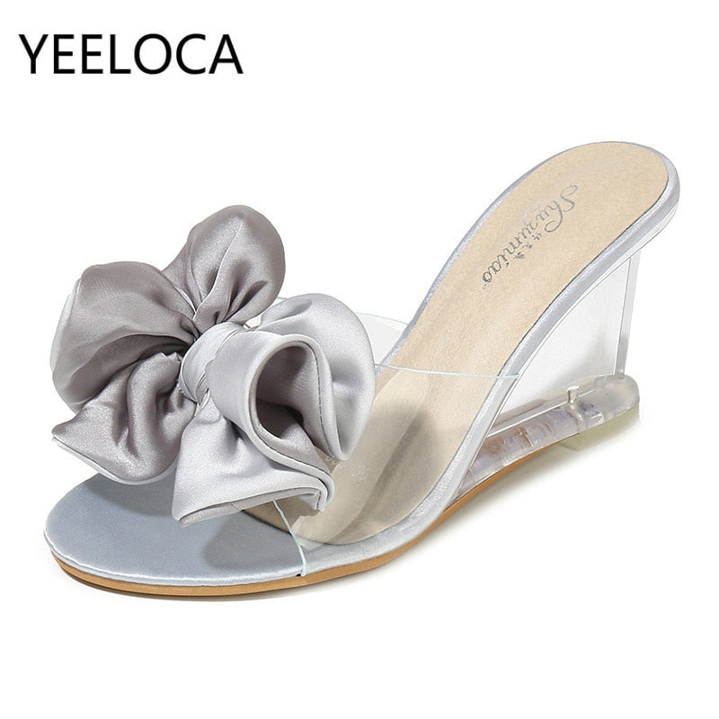 YEELOCA Womens High Heels Summer Wild Women's Sandals Simple Bow-knot Wedge Transparent Slippers Luxury Shoes Women Designers