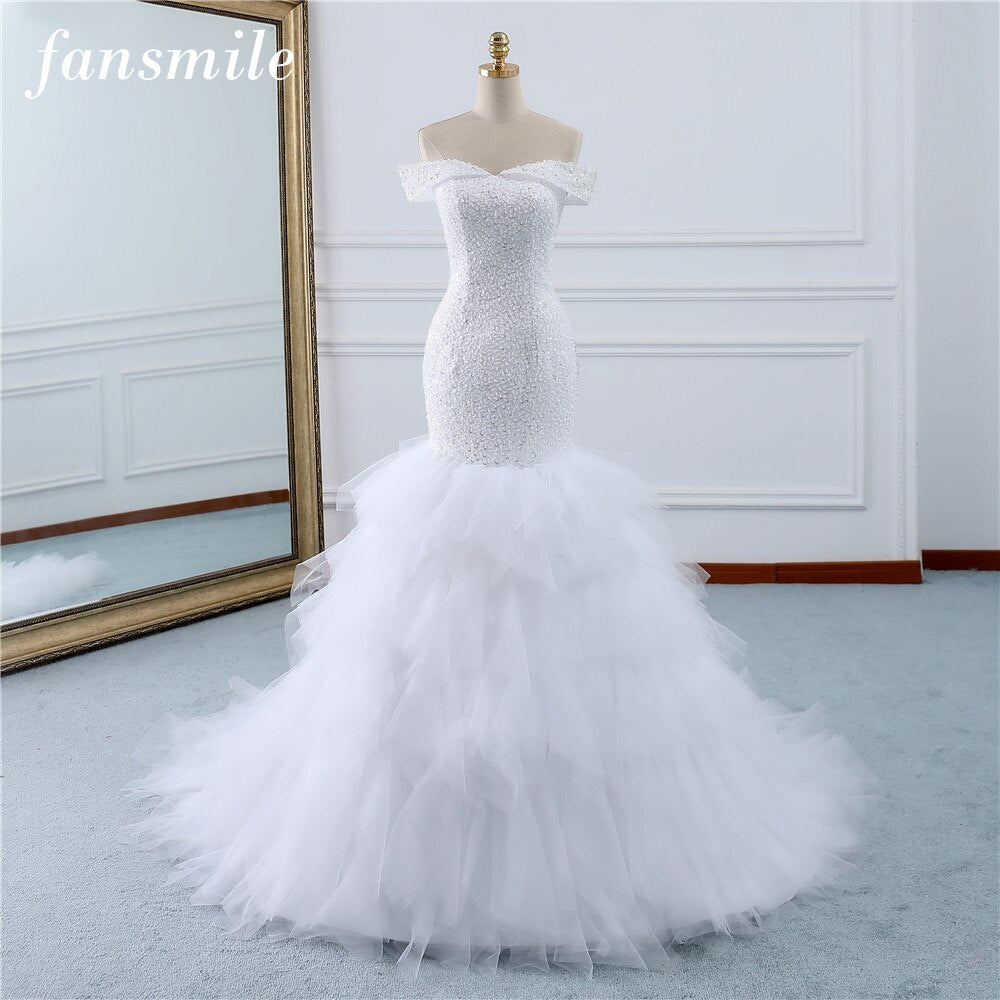 Fansmile Beading Vintage Lace Gowns Mermaid Wedding Dress Plus Size 2020 Long Train Custom-made Bridal Wedding Turkey FSM-432M