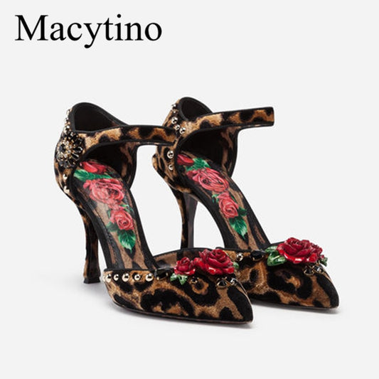Sexy Rose Flower Leopard High Heels Pointed Toe Designer Fashion Mary Janes Formal Shoes Women