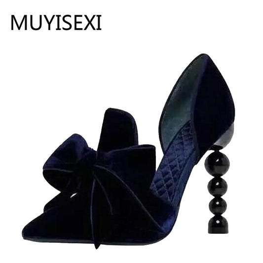 Navy Blue Brand Designer Women Shoes Pearl High Heel Pointed Toe Velvet Bow 9 cm Stiletto Party Shoes Pumps 34-43 YT02 MUYISEXI