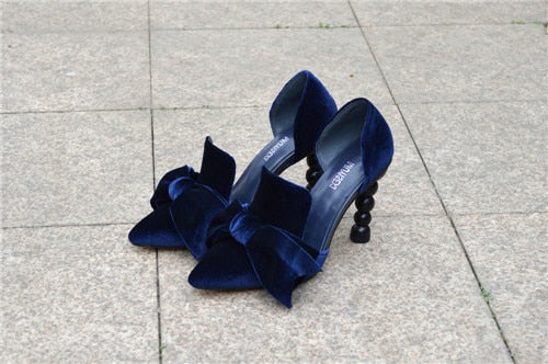 Navy Blue Brand Designer Women Shoes Pearl High Heel Pointed Toe Velvet Bow 9 cm Stiletto Party Shoes Pumps 34-43 YT02 MUYISEXI
