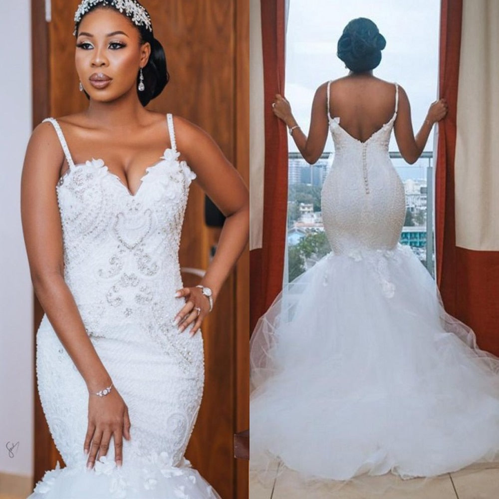Modest African Plus Size Wedding Dresses 2020 robe de mariee Mermaid Wedding Gowns Sexy Open Back Bead Lace Handmade Bridal Gown