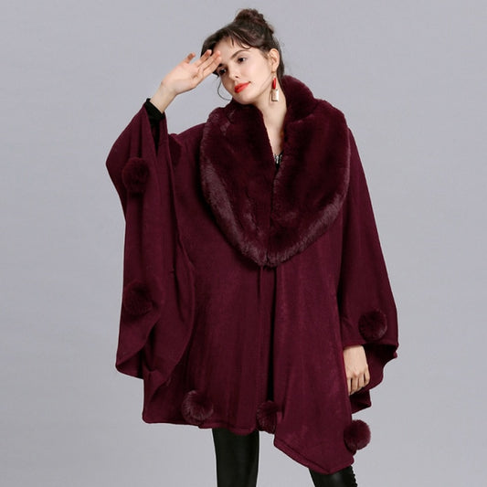 Womens Black Big Pendulum Capes Poncho 2019 Winter Fur Ball Shawl Oversized Knitted Sweater Big Faux Fox Fur Neck Cardigan Coat