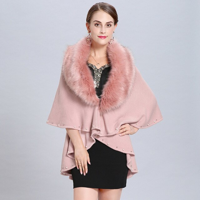 Winter Knitted Sweater Big Faux Fox Fur Neck Cardigan Poncho Warm Thick Beading Solid Coat 2018 Women Casual Loose Shawl
