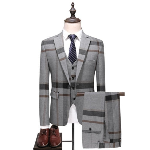 Men's Plaid Suit Blue Gray Men's Tuxedo 2020 Slim Men's Business Tuxedo Wedding Dress Men Classic Suit Formal Jacket Pants Vest
