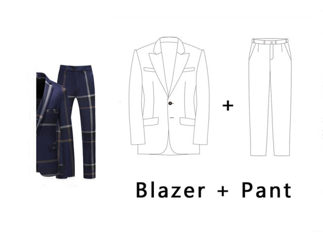 Men's Plaid Suit Blue Gray Men's Tuxedo 2020 Slim Men's Business Tuxedo Wedding Dress Men Classic Suit Formal Jacket Pants Vest
