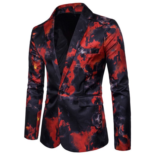 Brand Male Suit Blazer Single Button Ink Print Mens Blazer Jacket Chinese Style Flame printing Vintage Suits Luxury Formal Dress