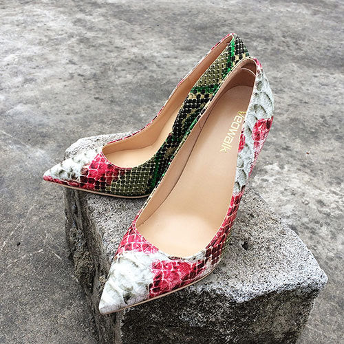 Veowalk Snake Printed Leather Women Sexy Green And Red High Heels 12/10/8CM Stiletto Pointed Toe Slip on Pumps Party Shoes