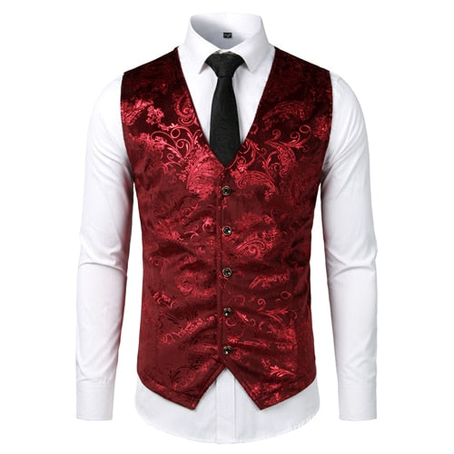 Gold Steampunk Vest Men Suit Gilet Homme Wedding Sleeveless Slim Fit Paisley Floral Dress Vests For Men Single Buttons Waistcoat