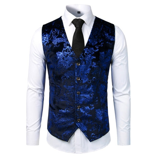 Gold Steampunk Vest Men Suit Gilet Homme Wedding Sleeveless Slim Fit Paisley Floral Dress Vests For Men Single Buttons Waistcoat