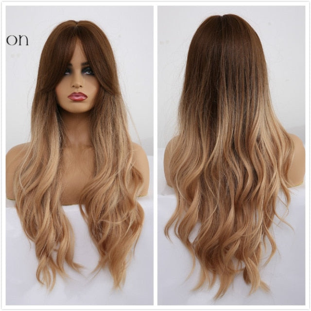 ALAN EATON Long Ombre Light Ash Brown Blonde Wavy Wig Cosplay Party Daily Synthetic Wig for Women High Density Temperature Fibre
