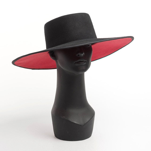 Classical UNISEX WIDE BRIM SPLICE TWO TONE WOOL FEDORA Winter Warm Wide Brim Women Hats Red Black Ladies Church Derby Dress Hat