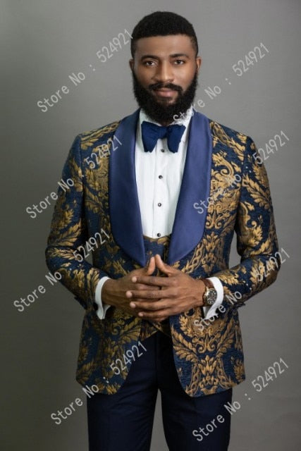 Men Suits Gold Pattern and Navy Blue Groom Tuxedos Shawl Satin Lapel Groomsmen Wedding Best Man ( Jacket+Pants+Vest+Tie ) C699