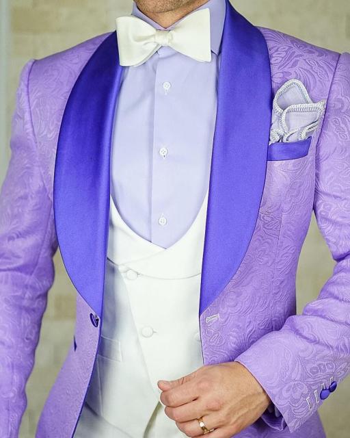 Men Suits Gold Pattern and Navy Blue Groom Tuxedos Shawl Satin Lapel Groomsmen Wedding Best Man ( Jacket+Pants+Vest+Tie ) C699