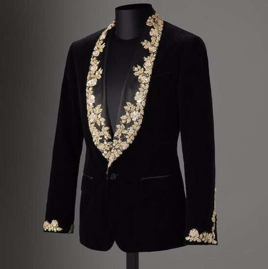 ANNIEBRITNEY Brand Men Suit Custom Black Velvet Applique Slim Fit Tuxedo 2Pcs Groom Wedding Suits Blazer Jacket with Pants Set