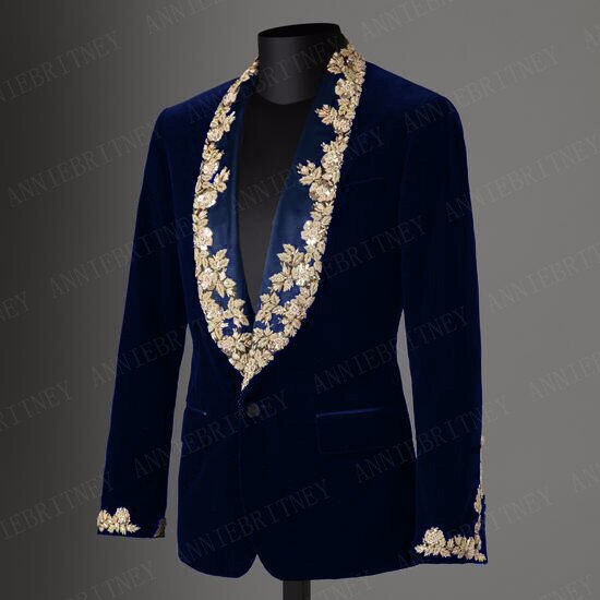 ANNIEBRITNEY Brand Men Suit Custom Black Velvet Applique Slim Fit Tuxedo 2Pcs Groom Wedding Suits Blazer Jacket with Pants Set