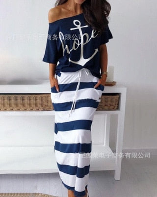 2 piese set women Lounge Wear Hope Boat Anchor Print Off Shoulder T-Shirt Top And Regular Striped Skirt Sets Summer Two Piece