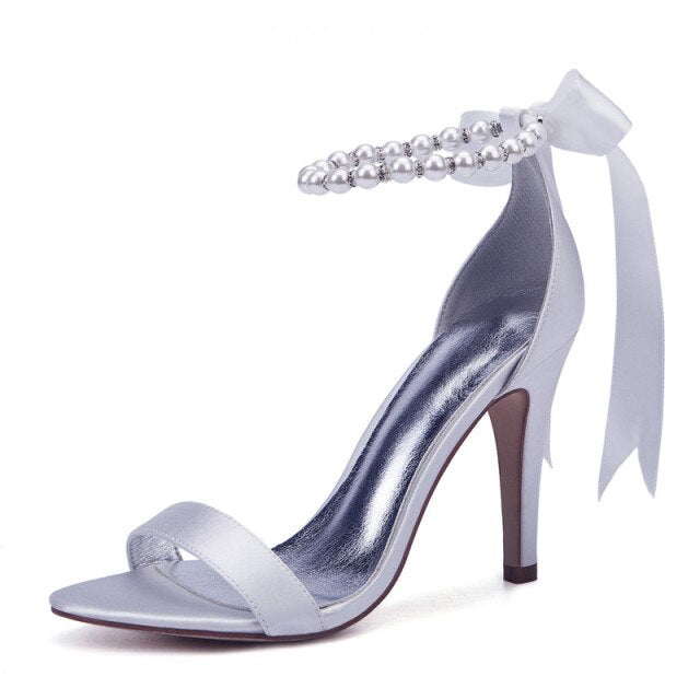 High Heels Satin Wedding Bridal Sandals Shoes Women Open Toe Pearls Prom Evening Formal Party Ladies Dress Sandals