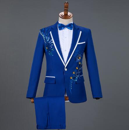 Diamond Royal Blue Men Suit Set Gold Embroidered Wedding Mens Slim Fit Tuxedo Mens Suits with Pants Prom Show Stage Costume Male