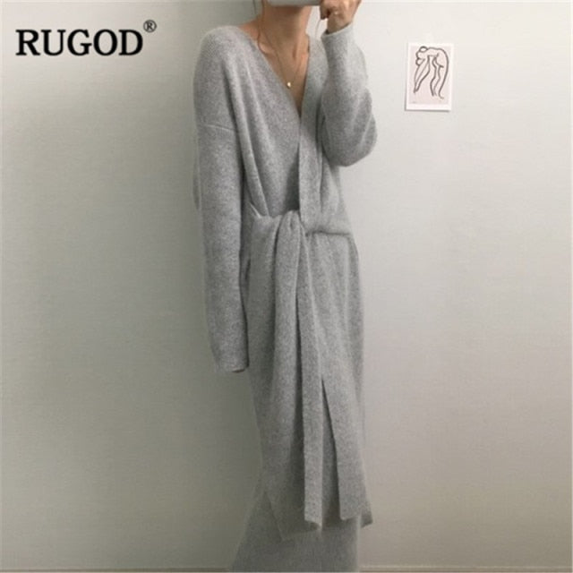 RUGOD New Korean Belted Long Sweater Dress Women Solid Casual Soft Warm Cashmere Dress Female Elegant V Neck Long Sleeve Dress